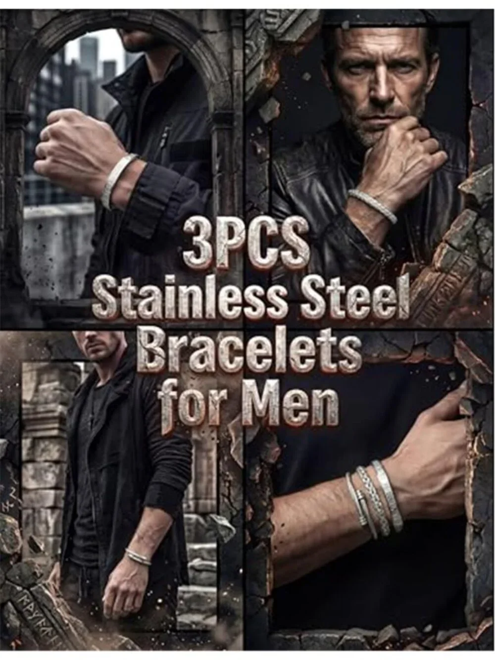 3Pcs Stainless Steel Bracelets for Men Roman Numeral Bangle Bracelet